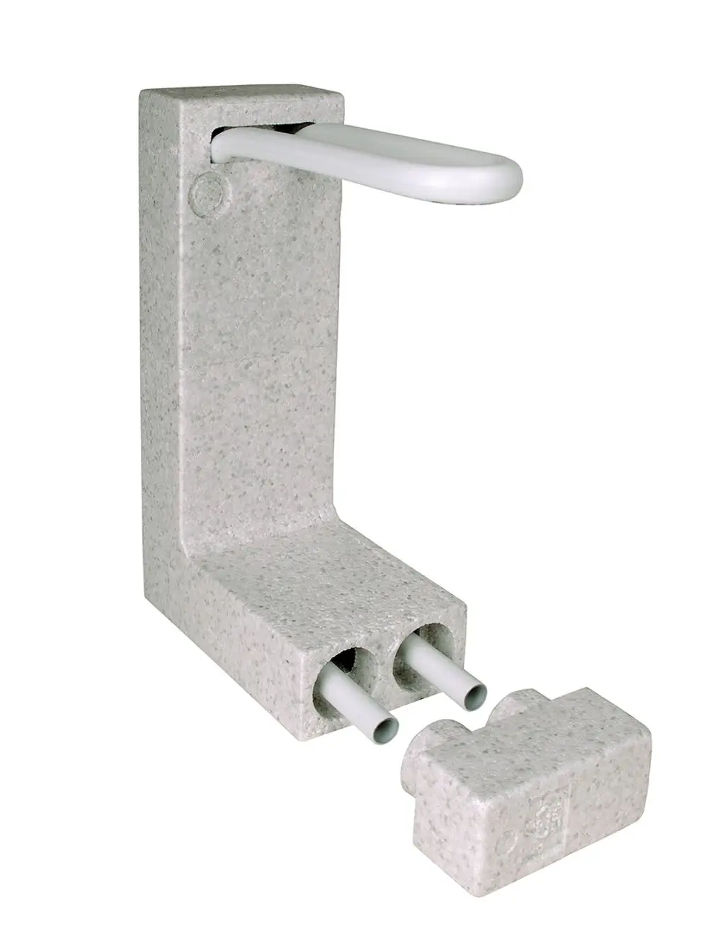 Anschlussblock in grauer Farbe mit zwei Kunststoffrohren, hergestellt von Fränkische. Es ist ein rechteckiges Design erkennbar.
